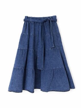 Vintage Blue Denim Tiered Skirt with Waist Tie